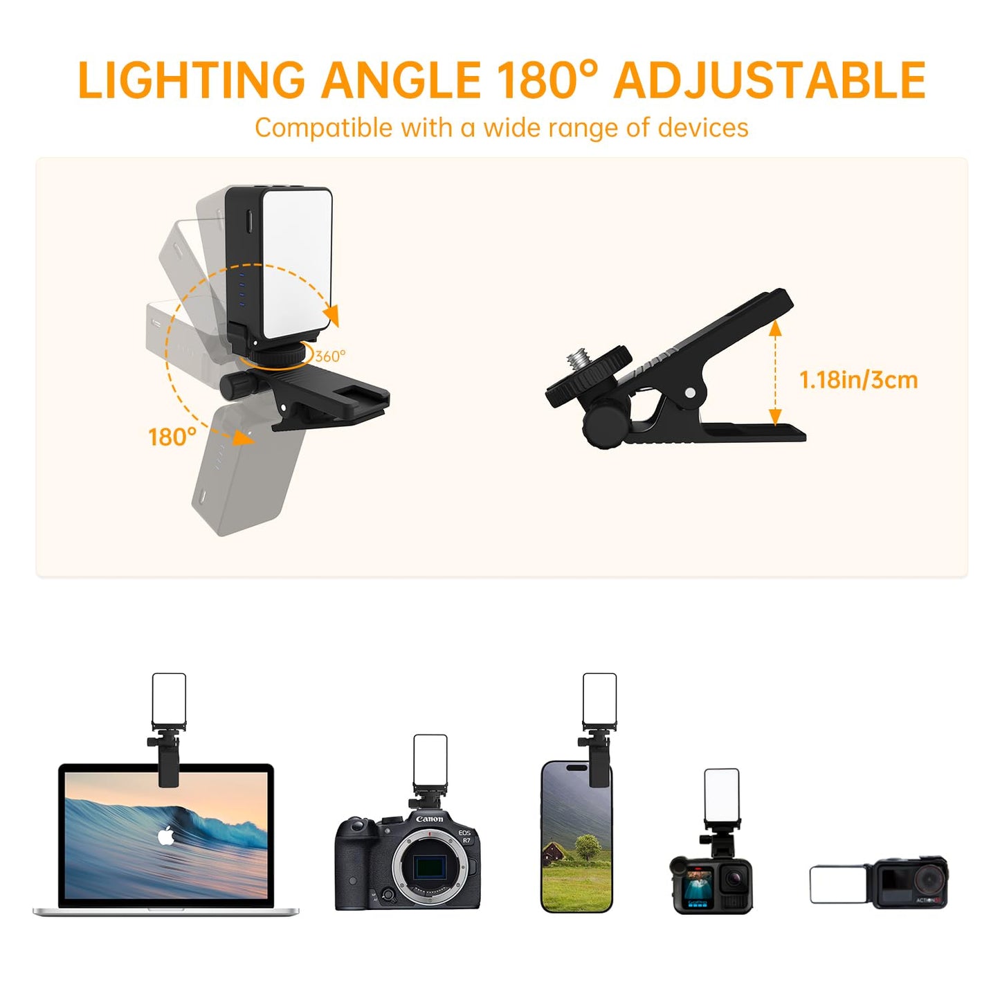 Suptig Mini Video Light, Selfie Light for Phone, Laptop, Camera, Gopro, DJI Action 5 pro, DJI Action 4-3, Conference Lighting with Clip & Camera
