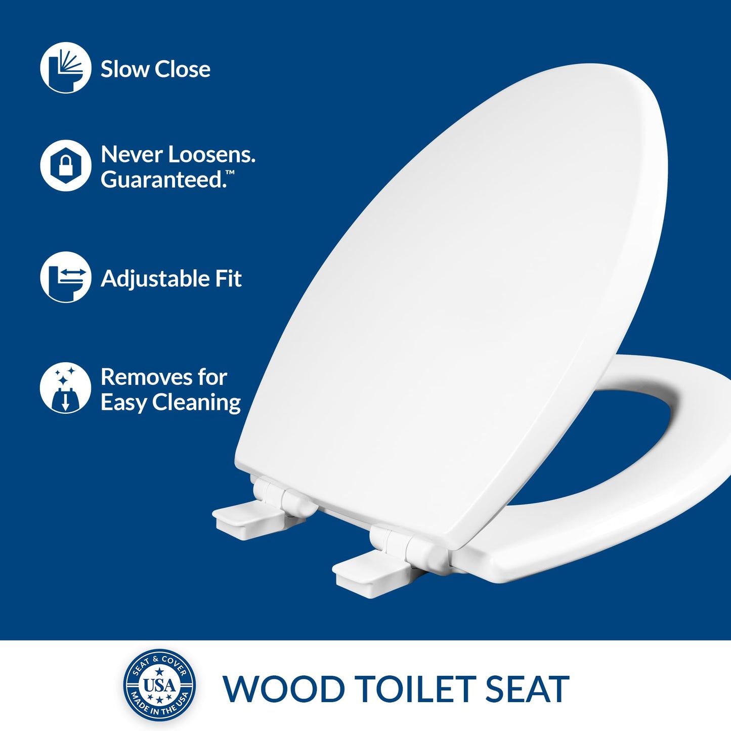 Mayfair Cassel Slow Close Elongated Toilet Seat, Easy Clean & Non-Slip Premium Wood, Easy Install, Made in USA, White