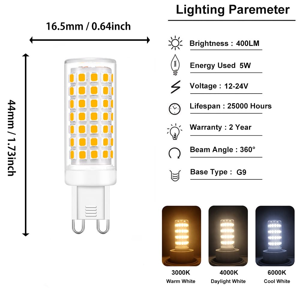 Low Voltage LED G9 LED Bulb 12V-24V AC/DC, G9 Bi Pin Base Dimmable 5W (50W Halogen Bulb Replacement) Warm White 3000K 400 Lumen Light Bulb for RV