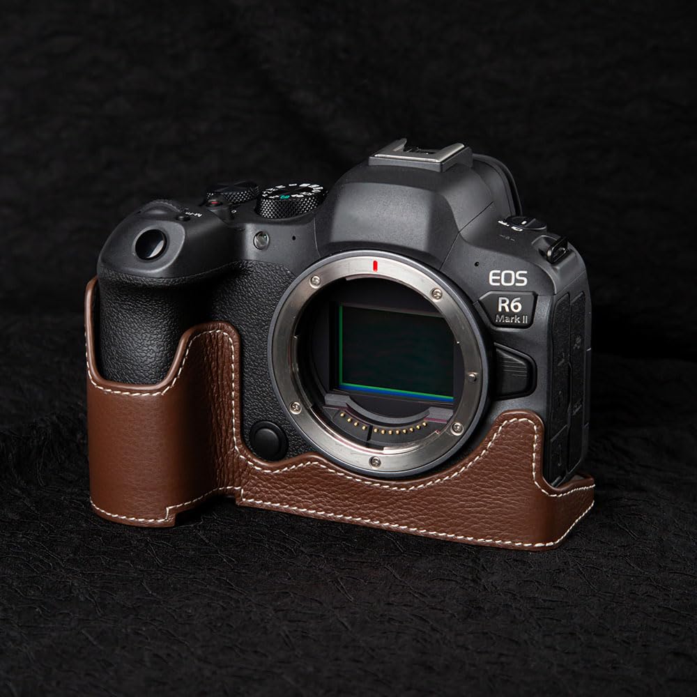 DBZZ R6II Vintage Genuine Leather Camera Case for Canon EOS R6 Mark II Handmade Half-Wrap Camera Protector Cover (Coffee brown)