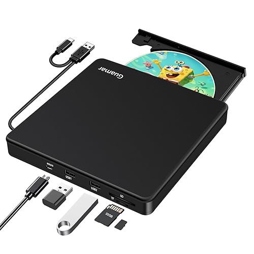 Guamar External CD/DVD Drive for Laptop: Portable USB C CD Burner DVD Player Superdrive for Apple Mac MacBook PC Windows 11 with SD TF Slot 2 USB