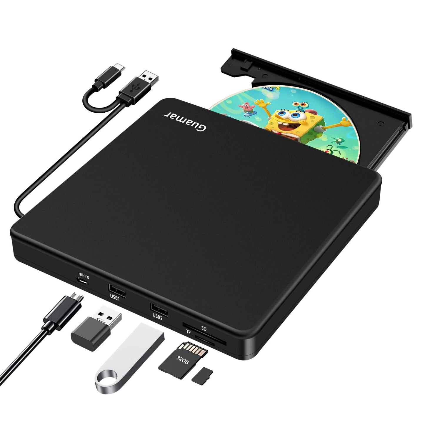 Guamar External CD/DVD Drive for Laptop: Portable USB C CD Burner DVD Player Superdrive for Apple Mac MacBook PC Windows 11 with SD TF Slot 2 USB