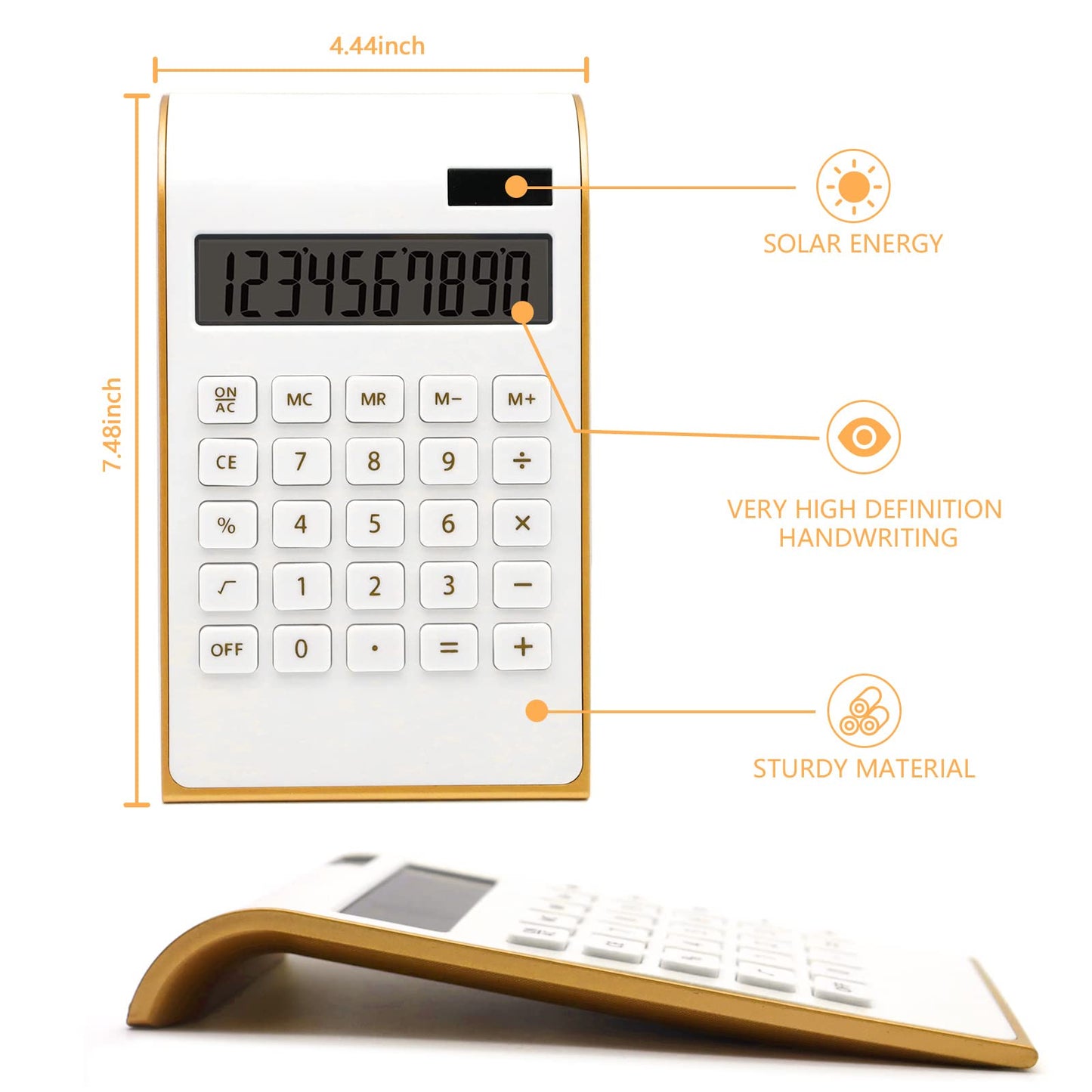 Gold Calculator, 10 Digits Solar Battery Basic, Dual Powered Desktop Calculator, Tilted LCD Display, Inclined Design Slim by Sportsvoutdoors (White