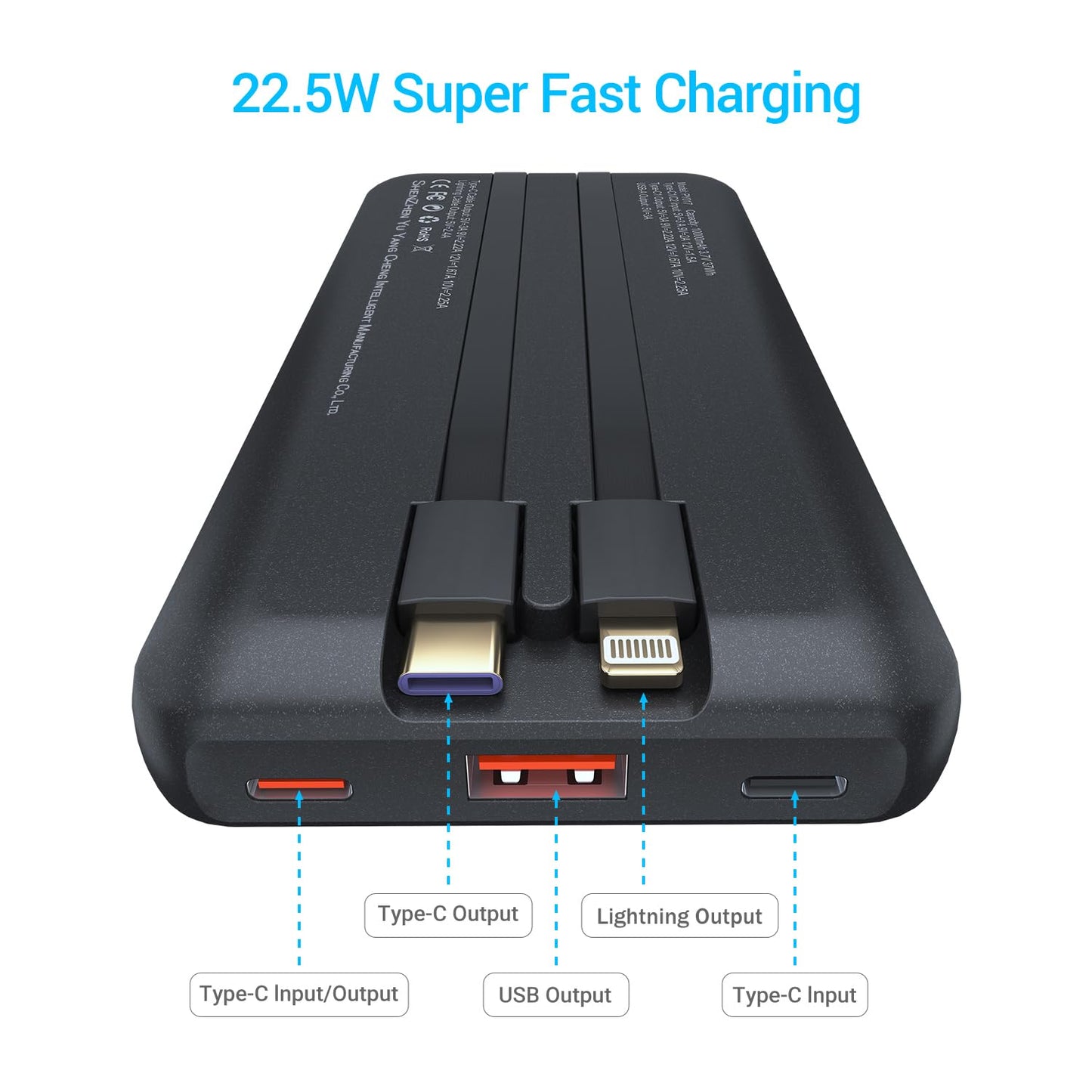 Antteez Portable Charger 10,000mAh, Power Bank Fast Charging with Built-in Cables, 22.5W USB C Travel Battery Pack, LED Display & 4 Outputs