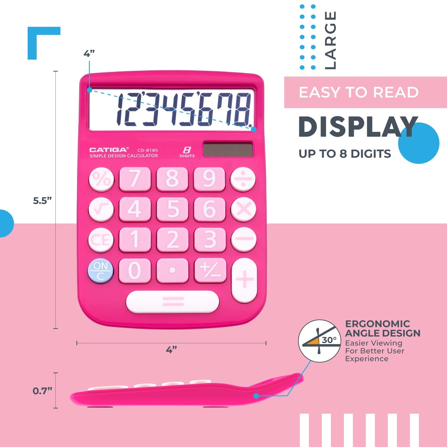 CATIGA Desktop Calculator 8 Digit with Solar Power and Easy to Read LCD Display, Big Buttons, for Home, Office, School, Class and Business, 4 Function