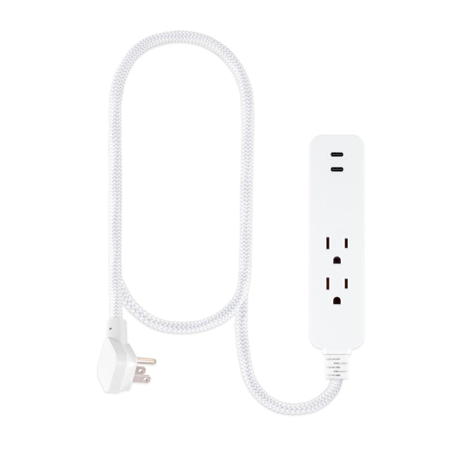 GE 2 USB C Extension Cord Power Strip, 2 Outlets, 4 Ft Braided Cord, Flat Plug, 245 Joules, 12W Charging Power, 16AWG, White, 87434