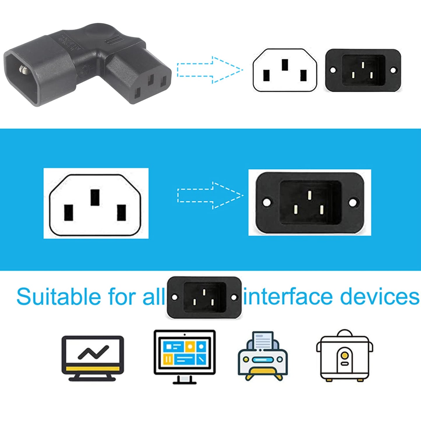 QIUCABLE Right Angle C13 to C14 IEC AC Plug Adapter, 2 Pack, 90 Degree Design, PVC, Pure Copper, 250VAC 10A Max