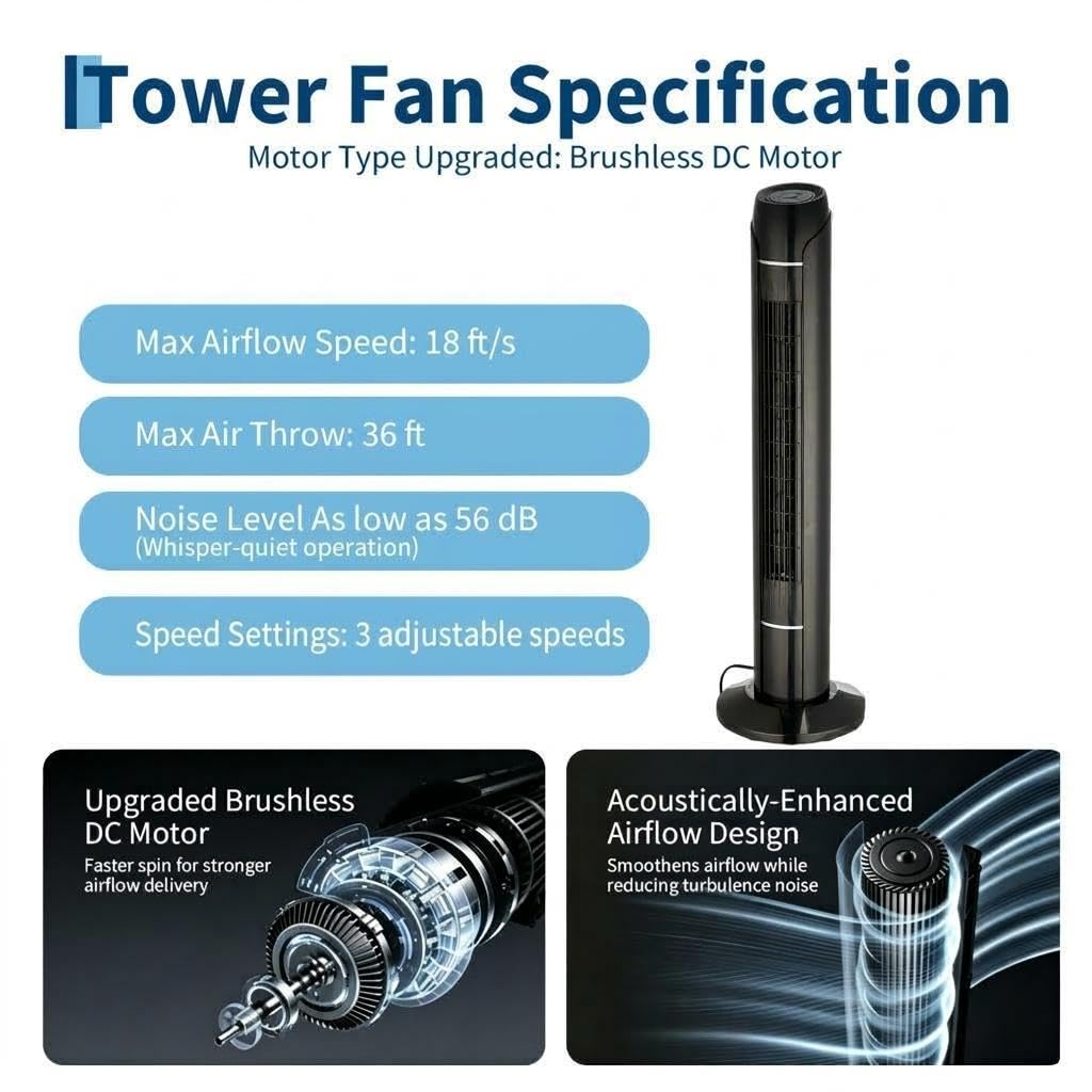CuisinSmart Tower Fan - Upgraded DC Motor, 56dB Quiet 36 in Floor Fan for Bedroom, 18ft/s Airflow, 60° Oscillating Standing Fan with Remote & Touch