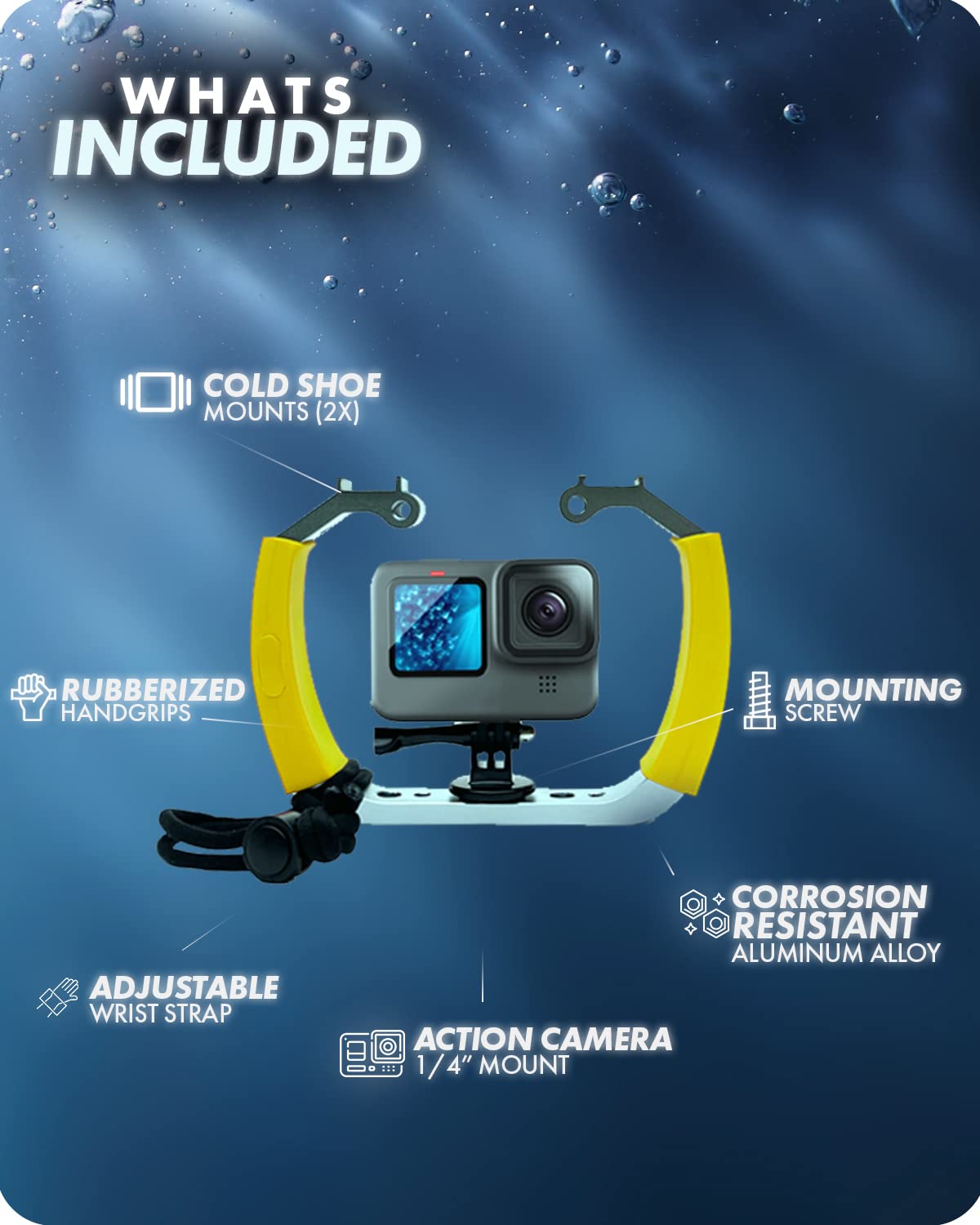 Movo GB-U70Y Underwater Diving Rig for GoPro Hero with Cold Shoe Mounts, Wrist Strap - Works with HERO3, HERO4, HERO5, HERO6, HERO7, HERO8, and Osmo