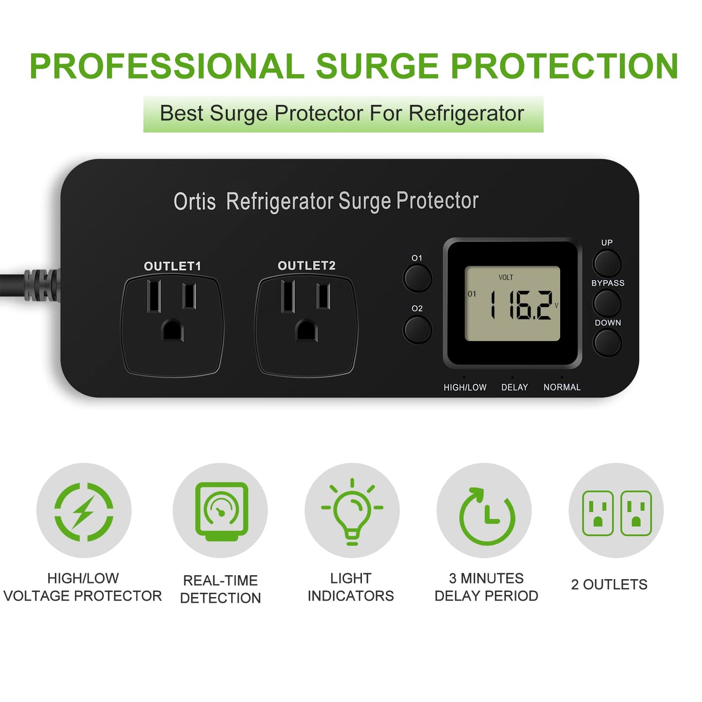 Refrigerator Surge Protector, Ortis Double Outlet Electronic Surge Protector for Home Appliances with Time Delay & Real-Time Electricity Usage