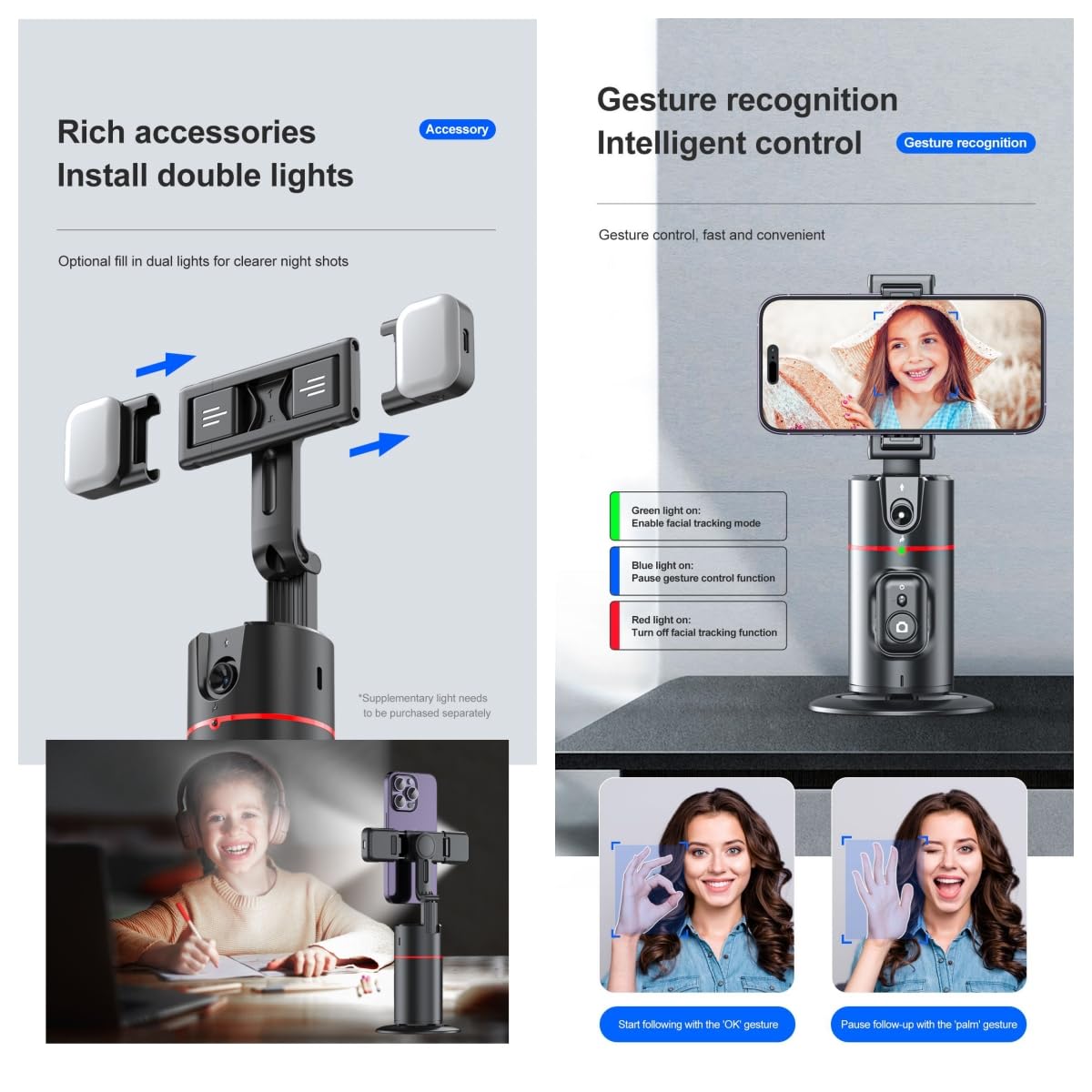 Auto Face Tracking Tripod Remote Control,Smart Tracking Phone Holder,360° Rotation Face Body Phone Camera Mount Gesture Control with Tripod Stand