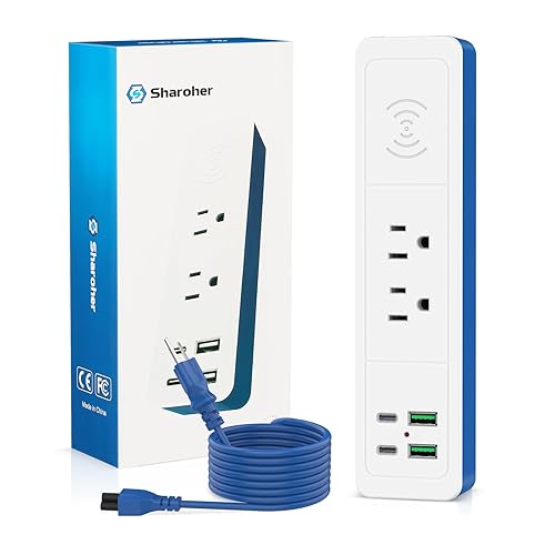 7-in-1 Wireless Fast Charge Power Strip with USB C, 2 USB-C Ports,2 AC Outlet,2 USB-A, Fast Charging Station for Nightstand Desktop Office Dorm,6 ft