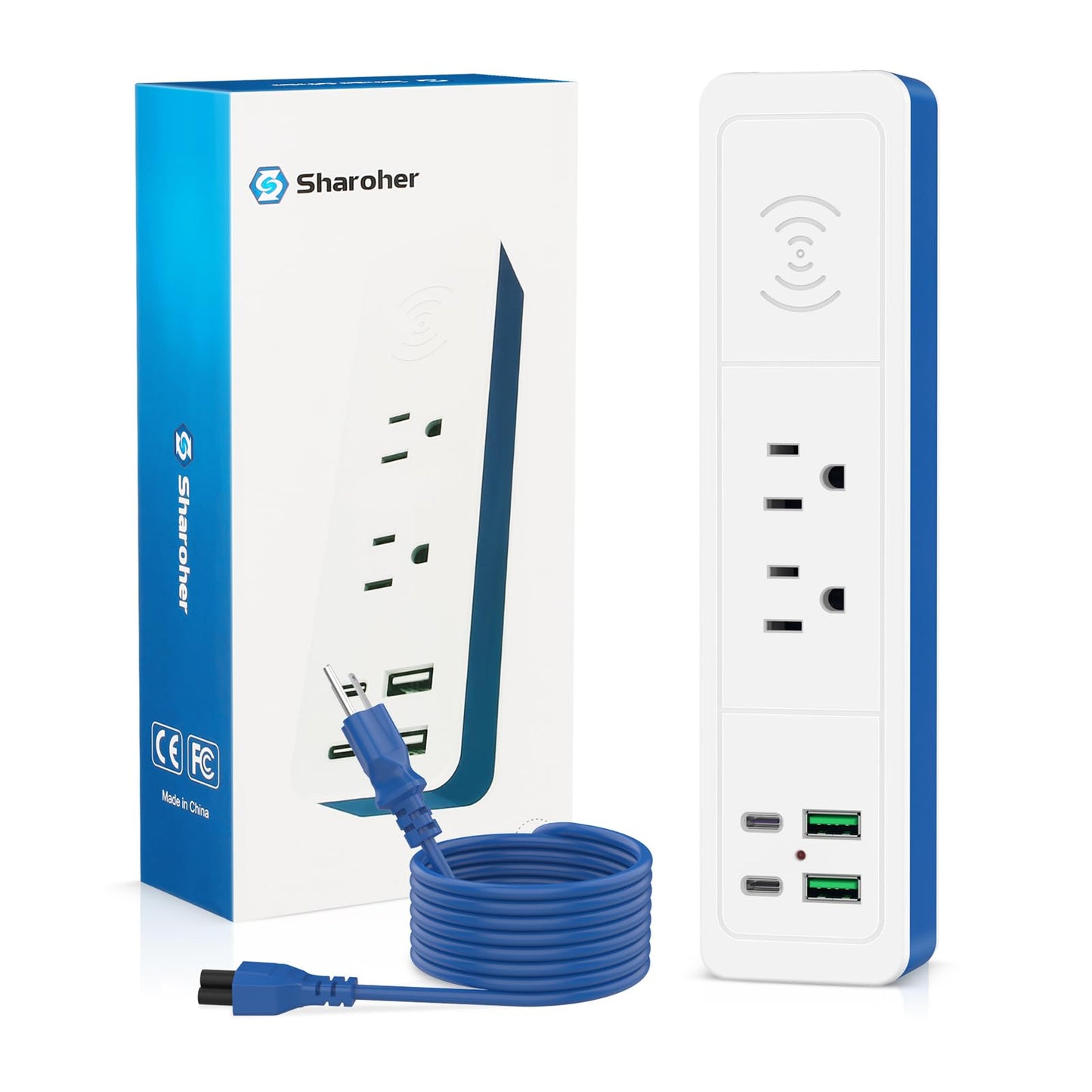 7-in-1 Wireless Fast Charge Power Strip with USB C, 2 USB-C Ports,2 AC Outlet,2 USB-A, Fast Charging Station for Nightstand Desktop Office Dorm,6 ft