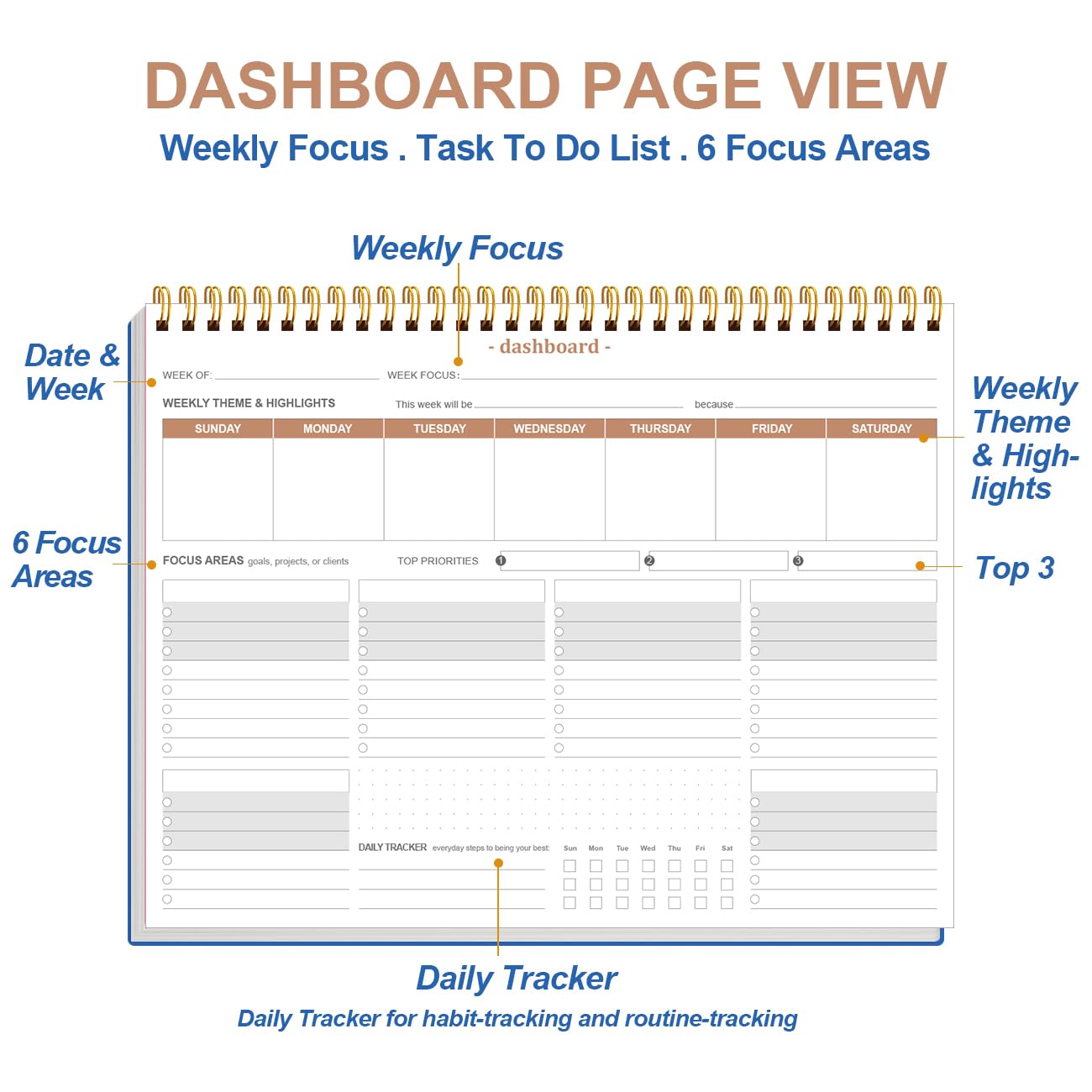 Weekly Productivity Planner - 8.5" x 11" Dashboard Desk Notepad Has 6 Focus Areas to List Tasks for Goals, Projects, Clients, Academic or