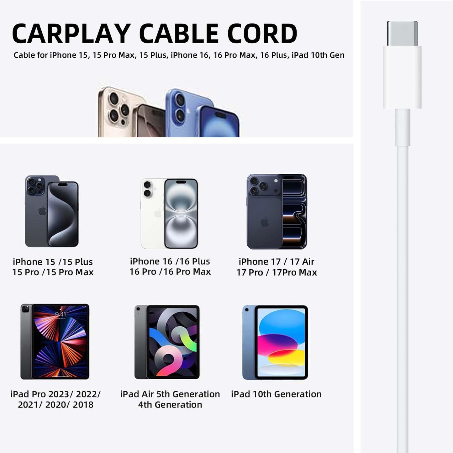 2 Pack USB-A to USB-C Car Carplay Cable for iPhone 17, 17 Air, 17 Pro, 17Pro Max, iPhone 16, 16 Plus, 16 Pro, 16 Pro Max, 16E, iPhone 15, iPad 10th