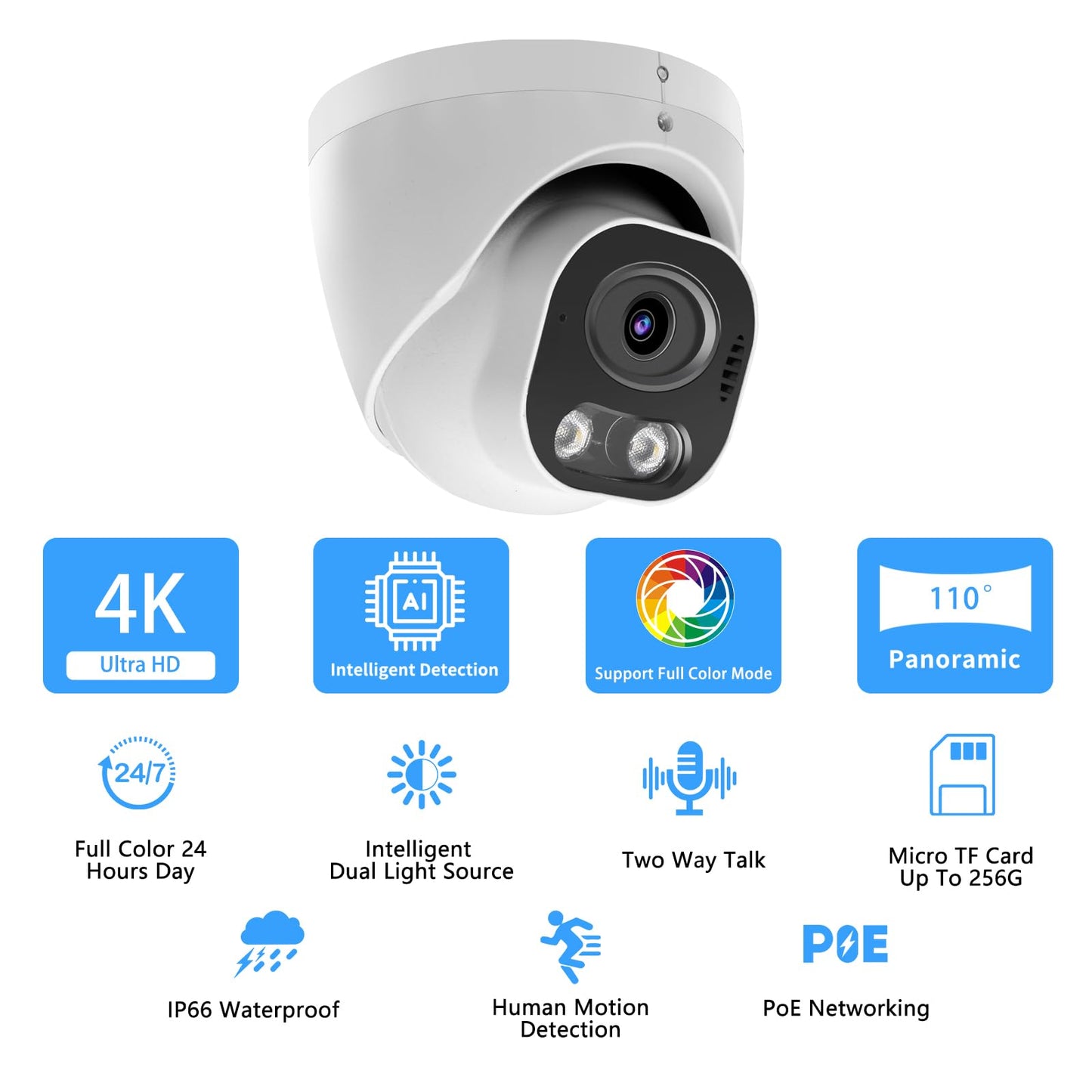 Tennoz 8MP 4K PoE IP Security Camera, H.265 Smart Dual Light Turret Dome Camera, Support Color Night Vision, Two Way Talk, SD Card Slot, 98ft Night