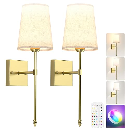Tivkight Battery Operated Wall Sconce, 5000mAh Rechargeable Dimmable RGB Wall Sconce Set of 2 with Remote, 3 Color Temperature Indoor Battery Powered