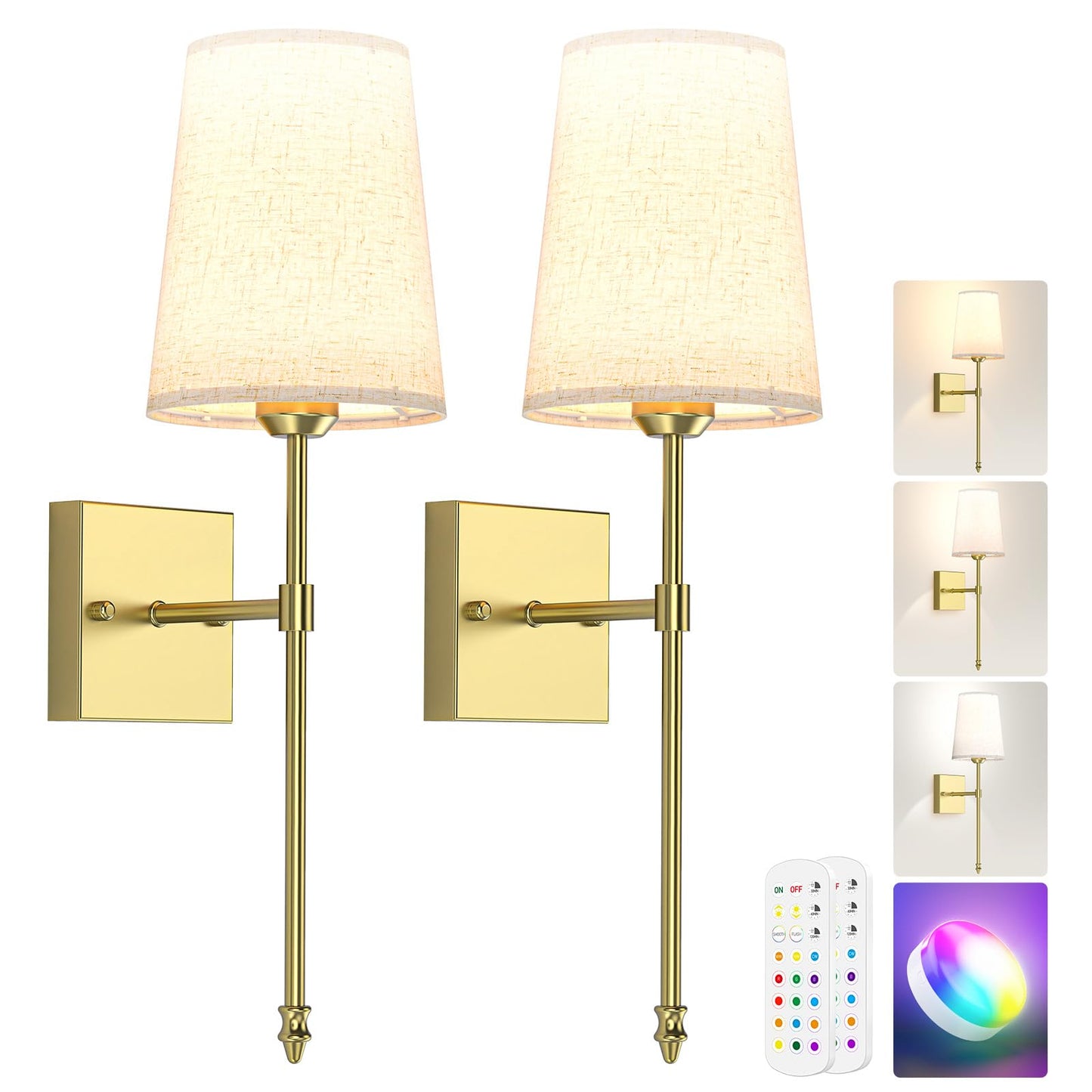 Tivkight Battery Operated Wall Sconce, 5000mAh Rechargeable Dimmable RGB Wall Sconce Set of 2 with Remote, 3 Color Temperature Indoor Battery Powered