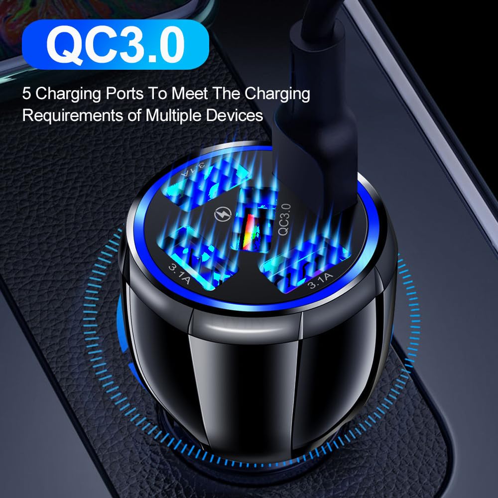 Alanph Car Charger Adapter, 5 Port QC3.0 Fast Charging Car Cigarette Lighter USB Charger, Compatible with iPhone, Android, Samsung, iPad Pro, and More