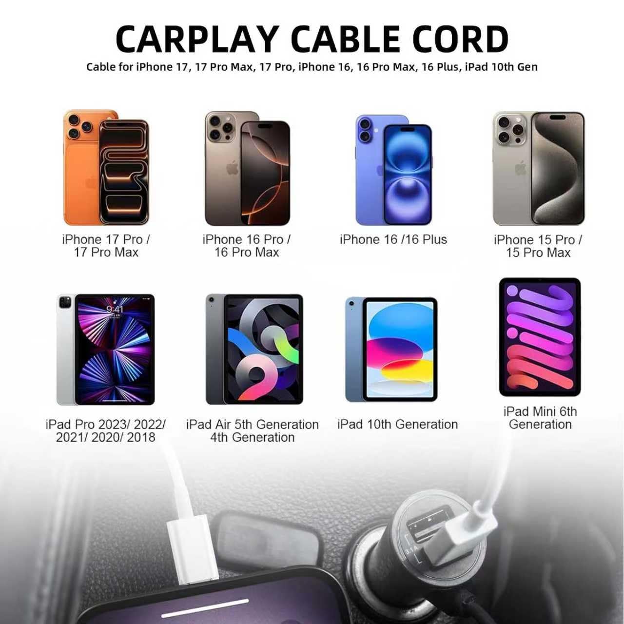 AHDFWI Carplay Cable Cord Compatible with iPhone 16 17 USB A to USB C Cable for 17 Air/17 16 15 Pro Max ?Plus, Pro 12.9/11, 10th Gen, Air 5th