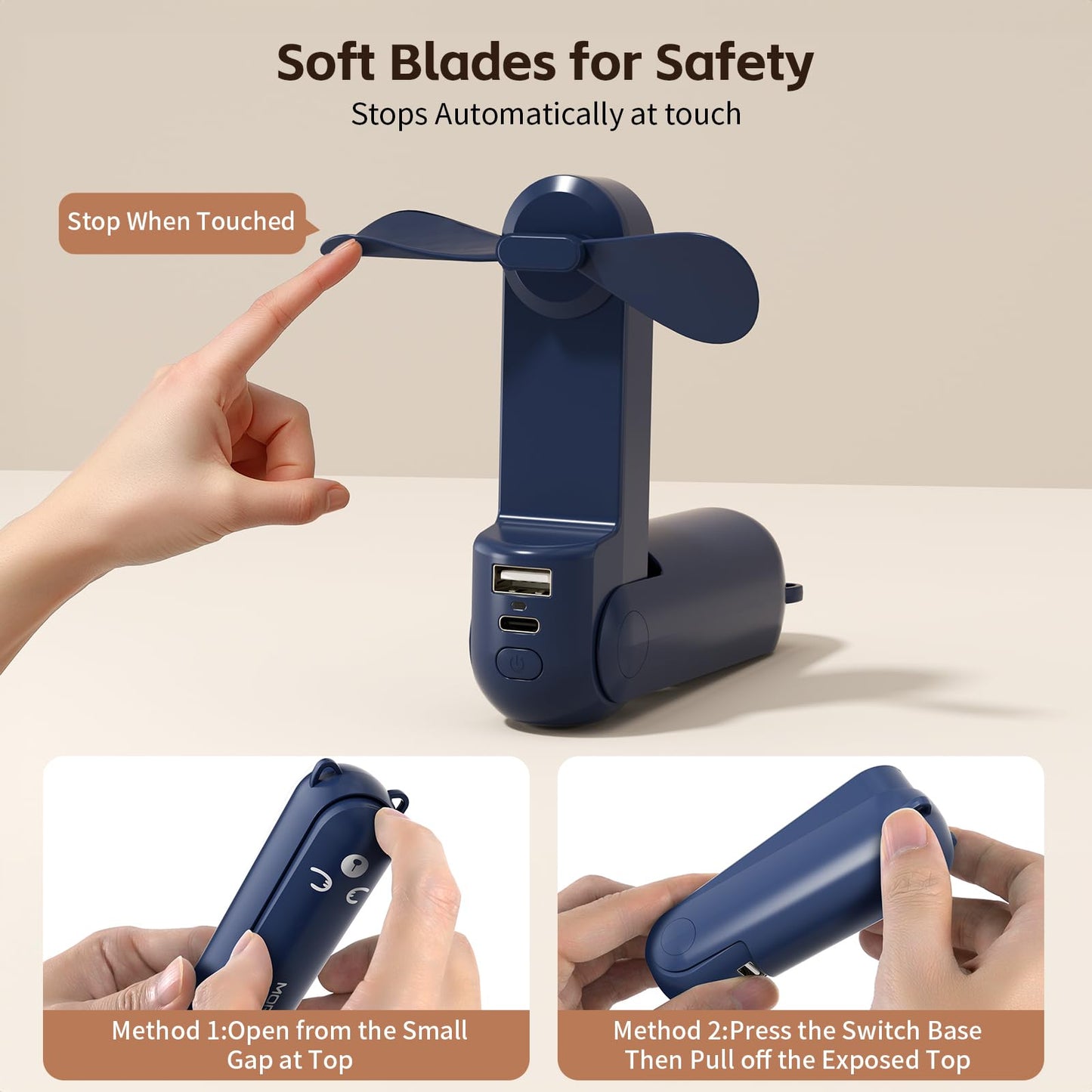 Morelax Portable Fan, Mini Handheld Fan with Power Bank, Cute USB Rechargeable Pocket Fan, Foldable Small Cooling Fan with LED Light, Personal Travel