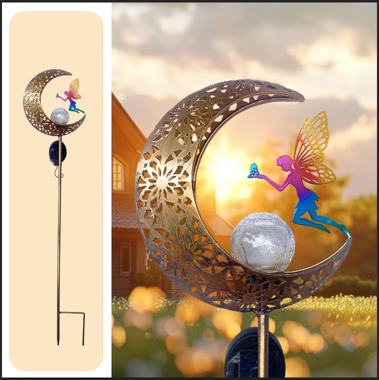 VividLadybug Solar Garden Lights Outdoor Decor, Moon Fairy Crackle Glass Lights, Waterproof LED Landscape Lighting Metal Stake Ornament, for Walkway