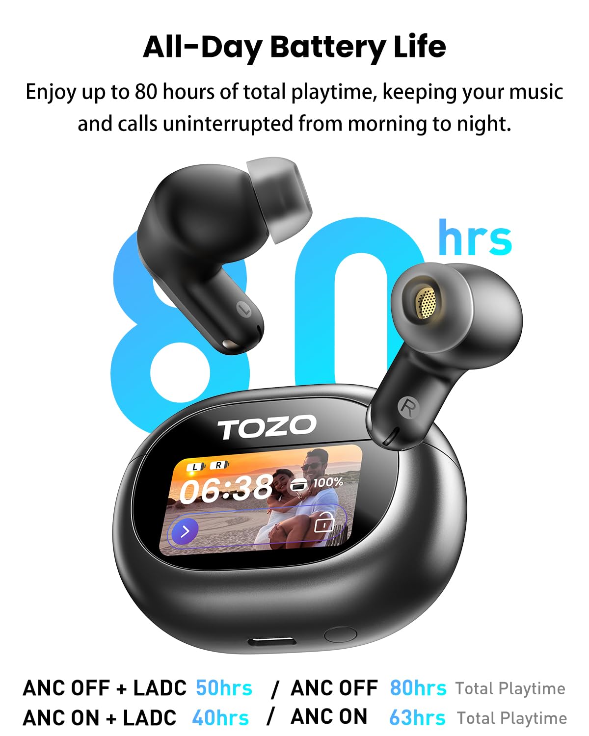 TOZO NC20 Pro Active Noise Cancelling Wireless Earbuds, Smart LCD Screen