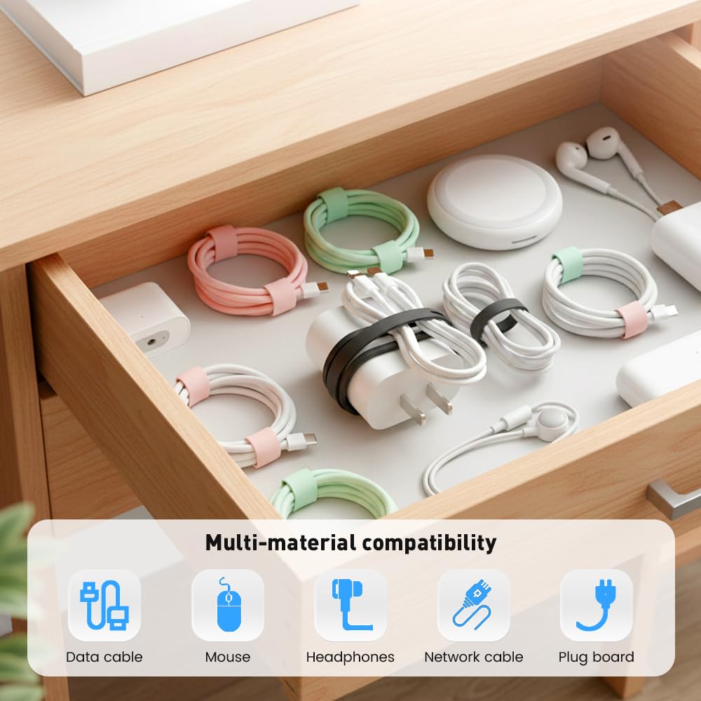Data Cable Organizer, 2026 Upgrade Reusable Silicone Cable Ties, Elastic Cord Management Straps for Fastening and Bundling Various Cable Cords Wires