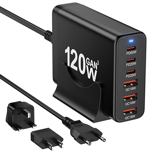 European USB C Charger Station Fast Charging Hub Europe Travel Power Adapter Multiple 6 Multi Port 120W GaN PD QC Block EU UK US Plug for Apple iPhone