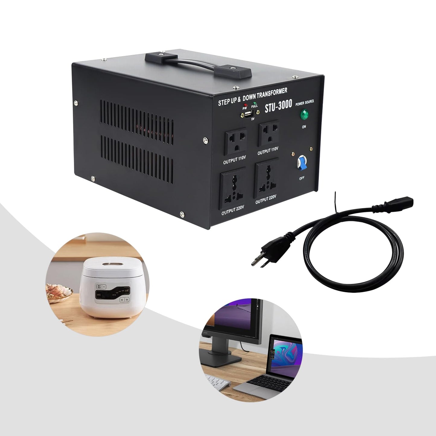 3000W Voltage Converter Transformer with USB, Step-Up/Step-Down 220V to 110V or 110V to 220V Power Converter, Circuit Breaker Protection, CE Certified