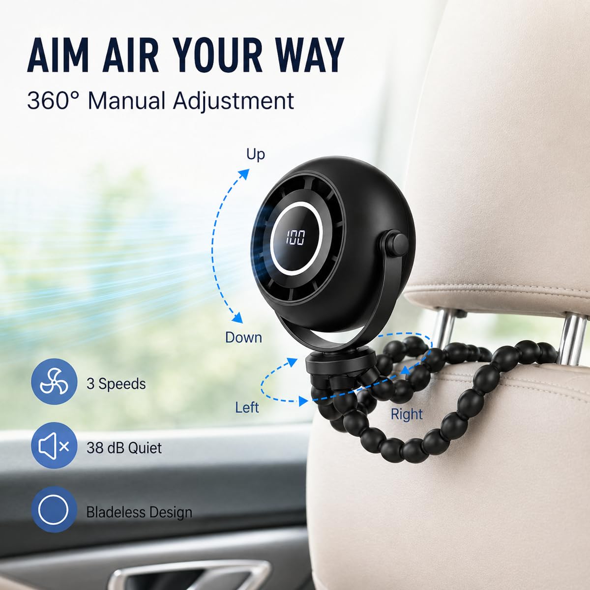 Monsefi Portable Fan with Flexible Tripod, 4000mAh USB Rechargeable Mini Desk Fan with LED Display, 3 Speeds, 3 Light Modes, Clip On Quiet Small Fan