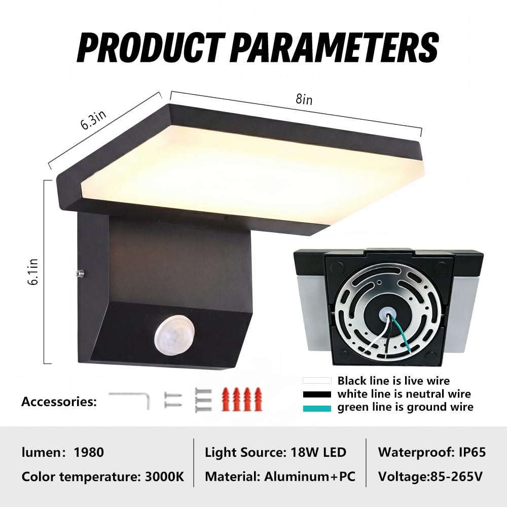 LITMYHU 18W Motion Sensor Outdoor Lights Wired Wall Lights Motion Lights for Outside 180°Folding Aluminum Black IP65 3000K Porch Lights Outdoor