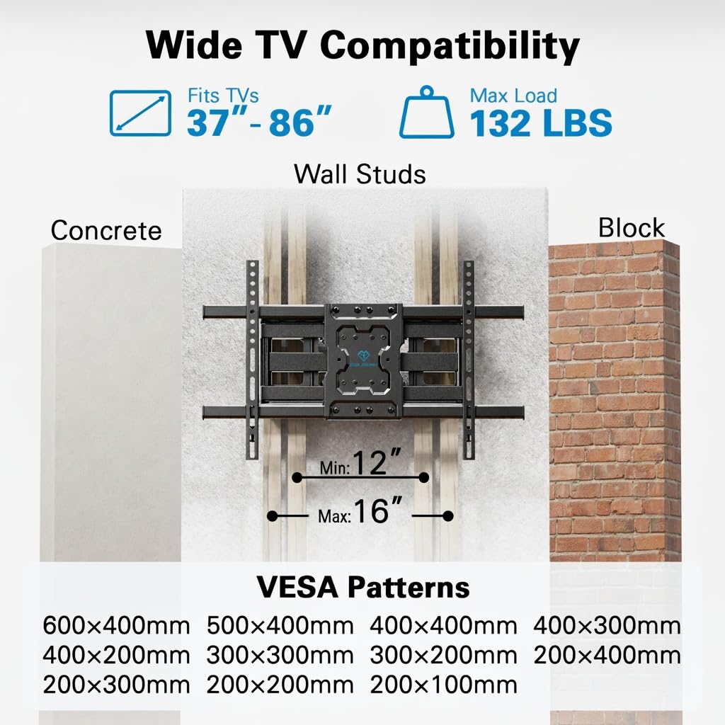 PERLESMITH Full Motion TV Wall Mount for 37-86 Inch TVs up to 132 lbs, TV Mount with Swivel Articulating Arm, Wall Mount Bracket Fits 12"/16" Wood