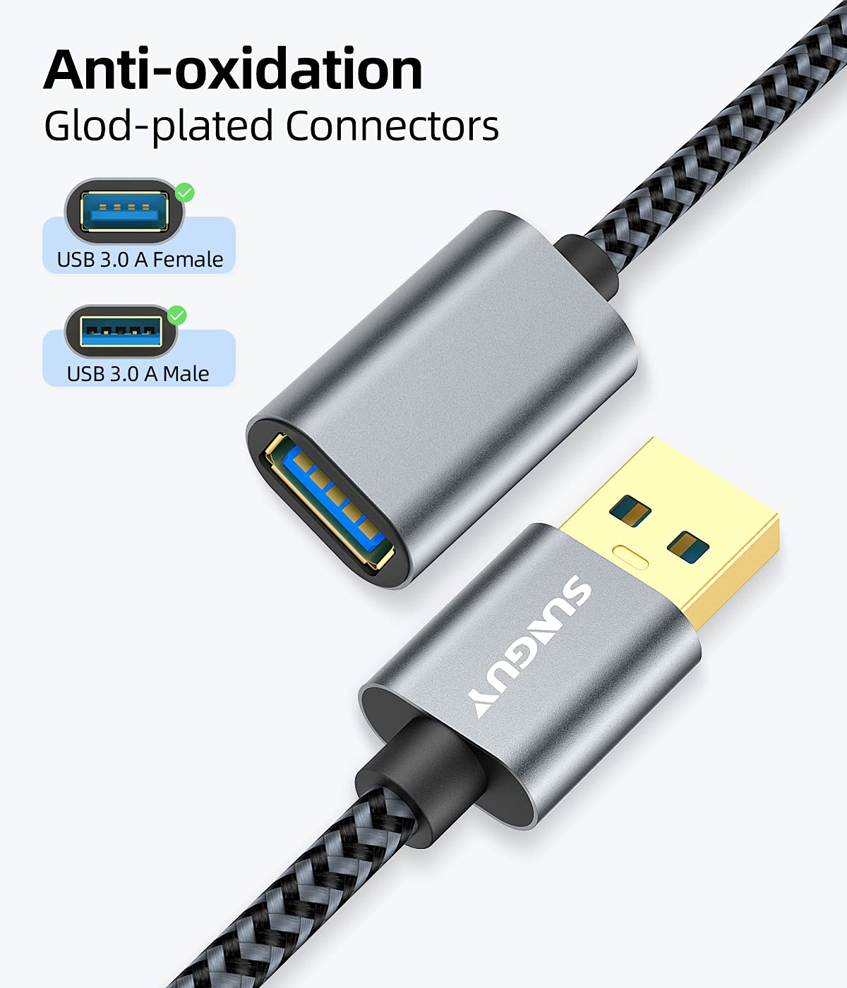 SUNGUY 5Gbps USB 3.0 Extension Cable, 1FT USB A Male to Female Extender Cord, Braided High Data Transfer Compatible with Xbox, Hard Drive, Webcam, USB