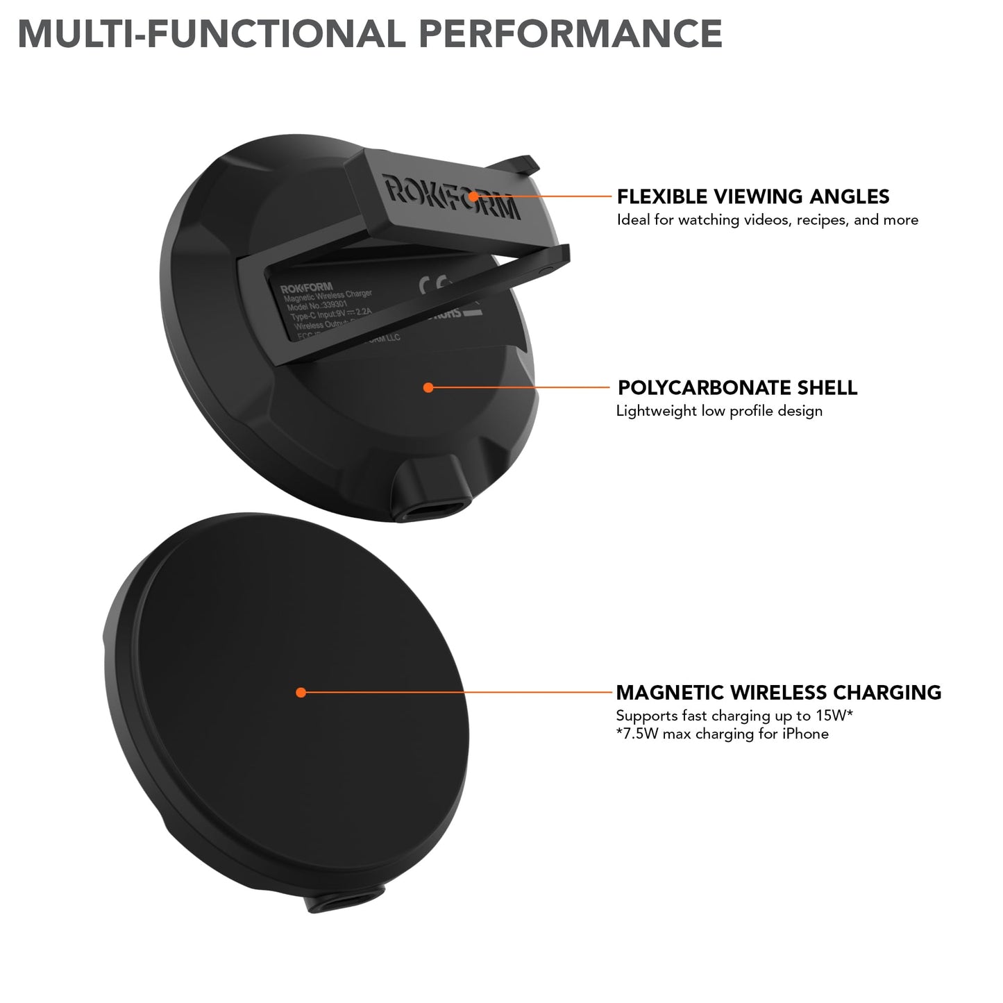Rokform Magnetic Wireless Charger with Stand, Includes USB-C to USB-C Cable (Black)