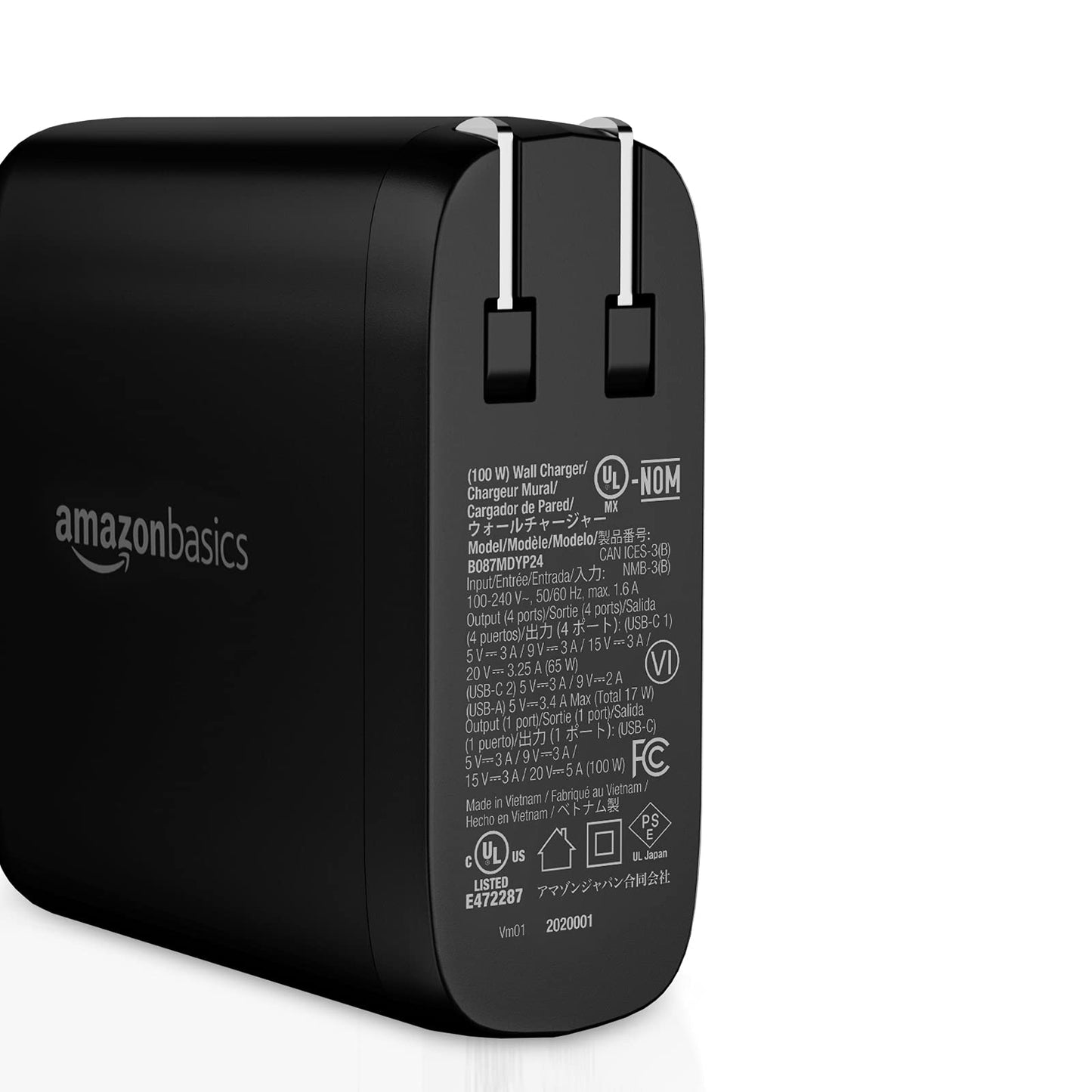 Amazon Basics 100W Four-Port GaN Wall Charger with 2 USB-C (100W, 18W) & 2 USB-A Ports (12W), PD 3.0, Foldable Plug, Portable Multi-Device Charging