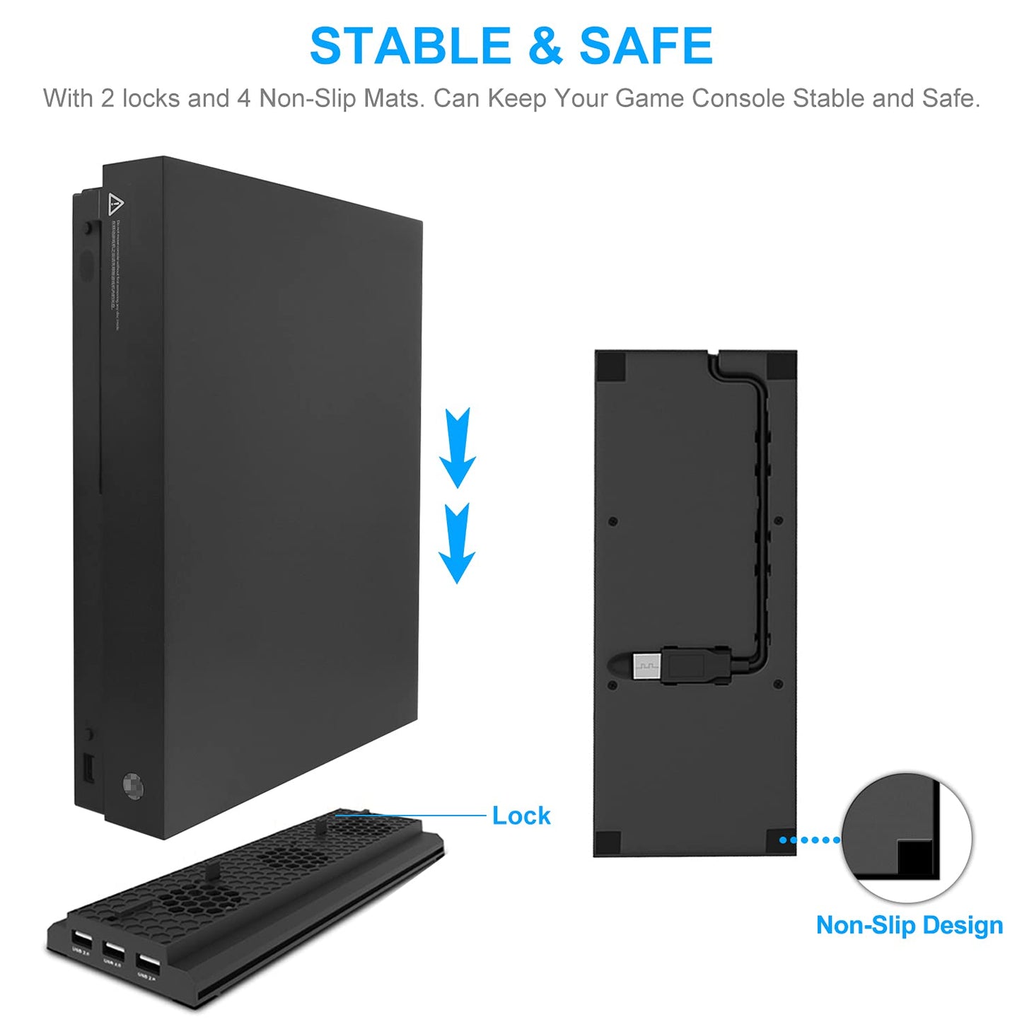 FASTSNAIL Vertical Cooling Stand Compatible with Xbox One X, Cooling Fan Stand Compatible with Xbox One X with 3 USB Ports and a Light Bar (Only