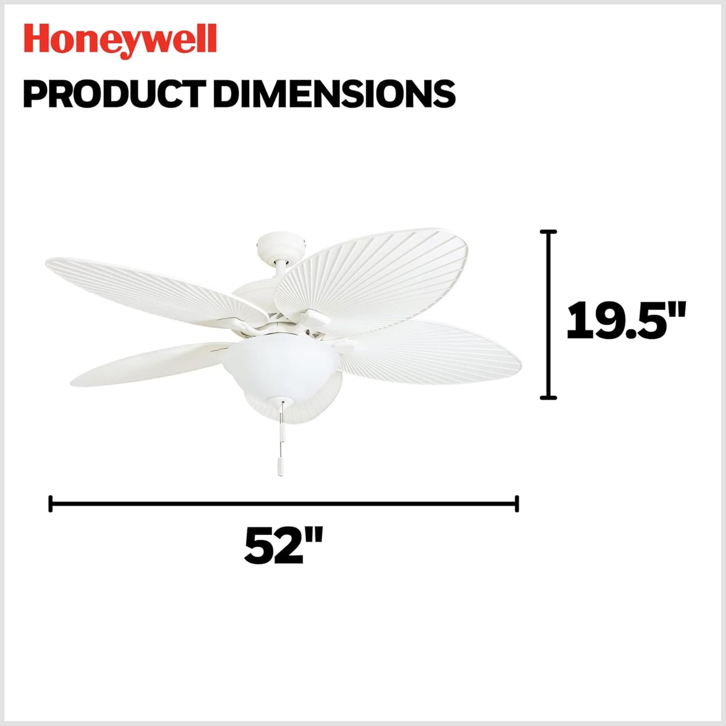 Honeywell Palm Island 52 Inch Tropical Indoor Outdoor Ceiling Fan, LED Light, 5 Palm Leaf Blades, Pull Chain Control, Quiet Motor, White