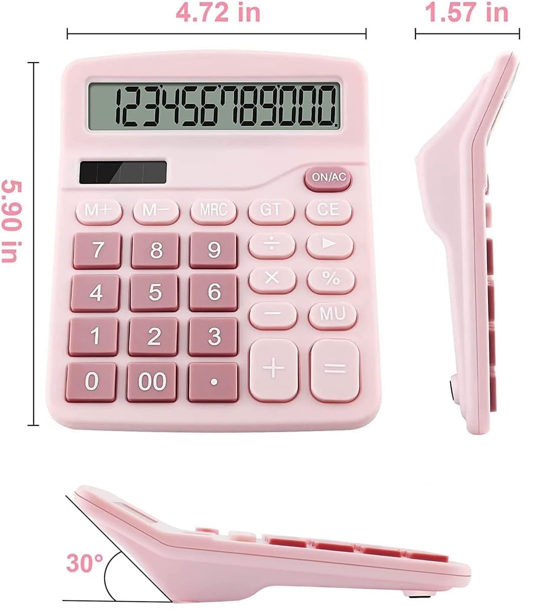 Cute Desktop Basic Calculator for Kids, Dual Solar and Battery Power, Simple 4 Functions and Basic Financial Calculations with Big Buttons and 12