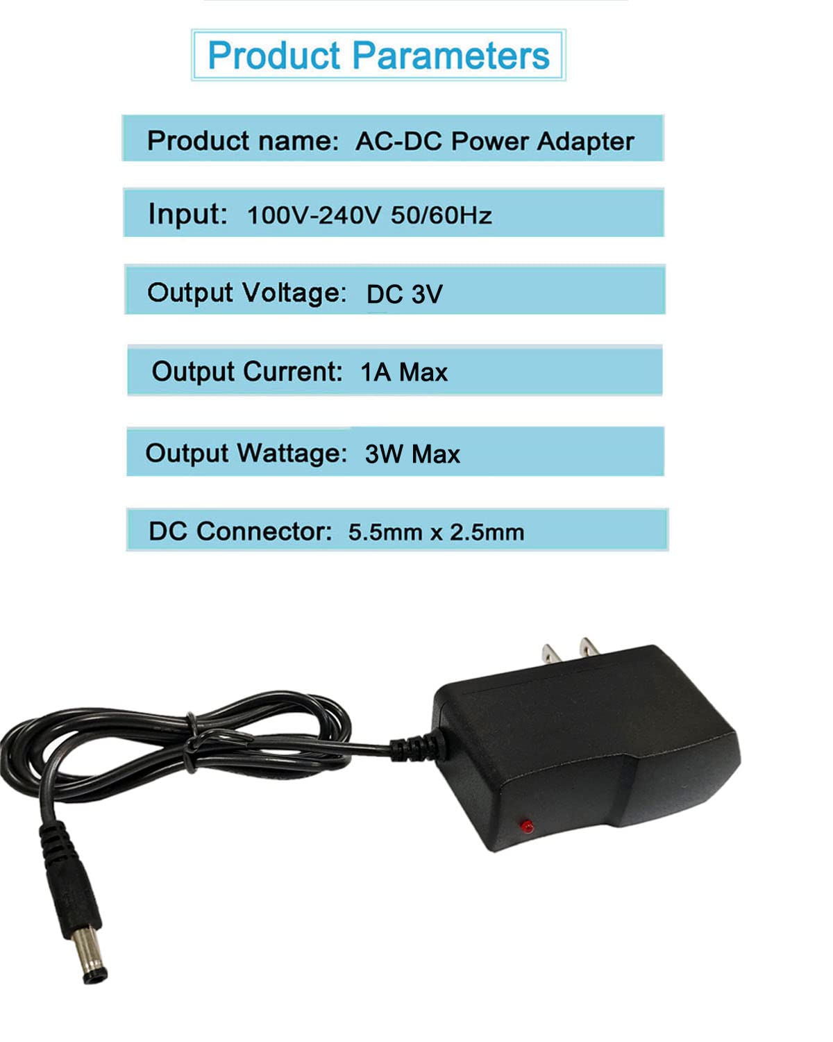 MTYTOT 5PCS 3V 1Amp Power Adapter Supply 100-240 AC to DC 3Volt 1000mA 2.5mm X 5.5mm Plug 3V 1A AC/DC Power Supply Transformer (5 Pack)