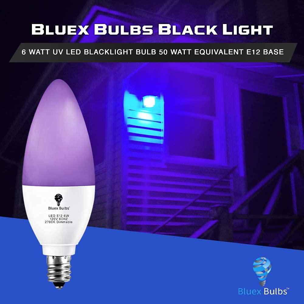 6 Pack LED Black Light Bulb, 6W E12 Candle Blacklight Bulb Level 385-400nm, Body Paint, Glow in The Dark Party E12 LED Light Bulb Neon Glow