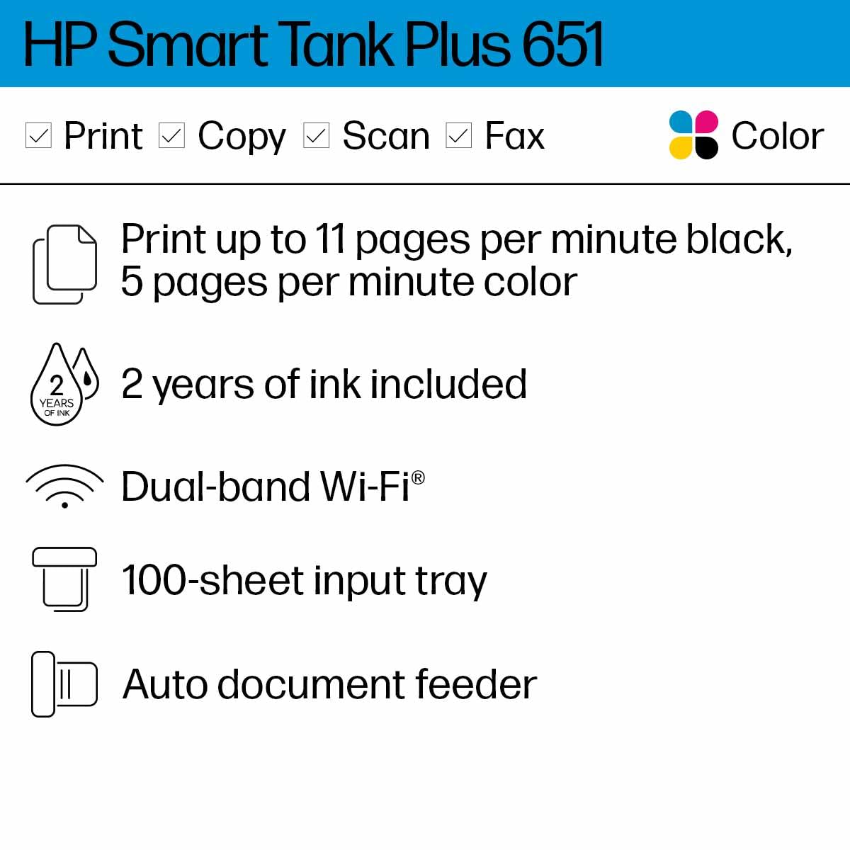 HP Smart Tank Plus 651 Wireless All-in-One Printer, Ink Tank Printer-for-Home Use, 2 Years of Ink Included Auto Document Feeder, Mobile Print, Scan
