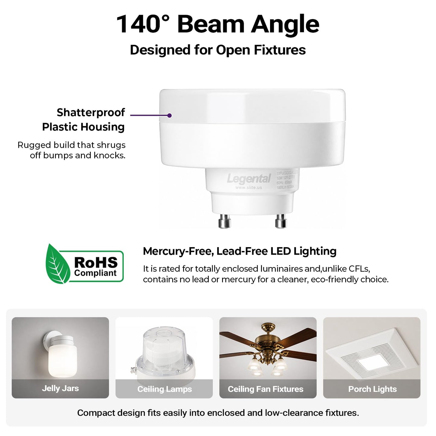 2.99" GU24 LED Puck Light Bulb 2 Prong, 10W 1000LM 5000K Cool White, 2 Pack