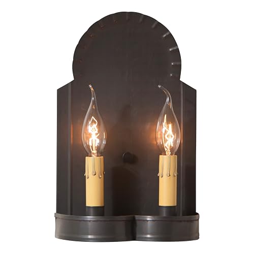 Irvin's Tinware, 844WKB, Hanover Double Wall Sconce in Kettle Black, Primitive Country Wall Sconces in Tin