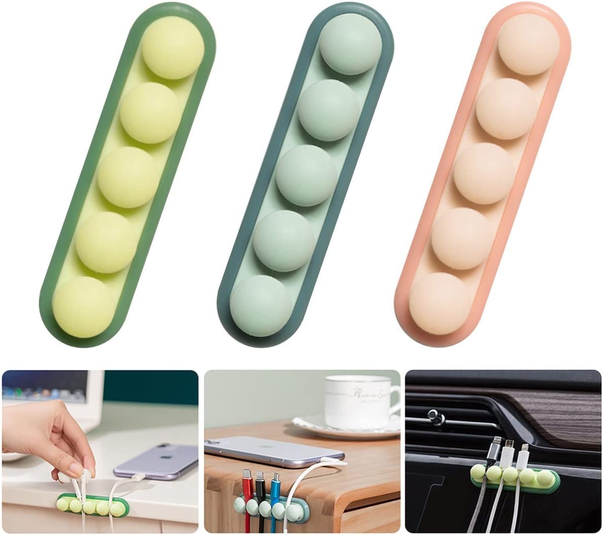 COOCAT Cute Pea Cable Clips, USB Cable Organizer, Charging Cord Holder, Wire Management for Car Office Desk Workbench Bedroom Bedside Nightstand