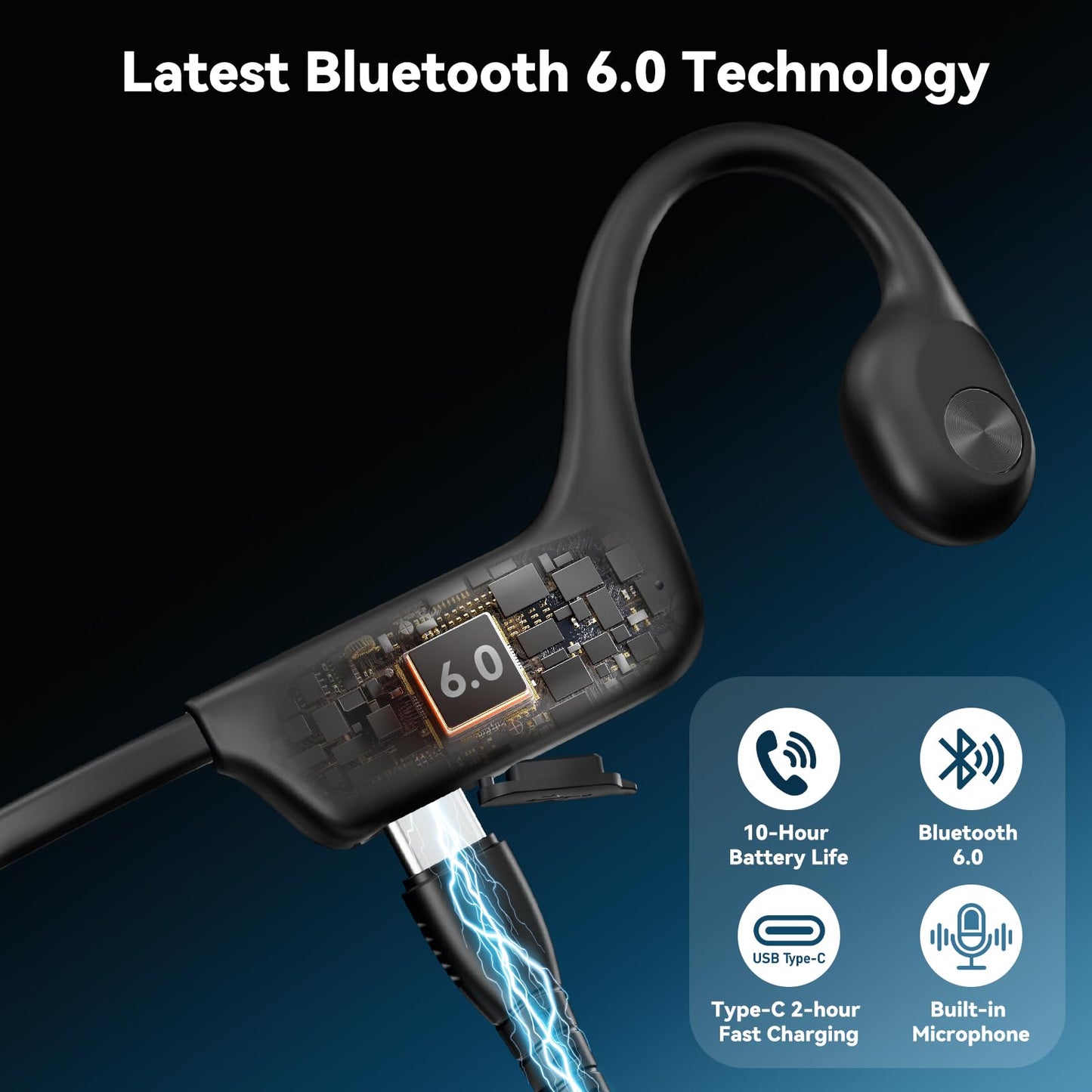Fanisic Bone Conduction Headphones, Bluetooth 6.0 Open Ear Headphones with Mic, Type-C Quick Charge, Long Battery Life, IPX5 Sweatproof, Lightweight