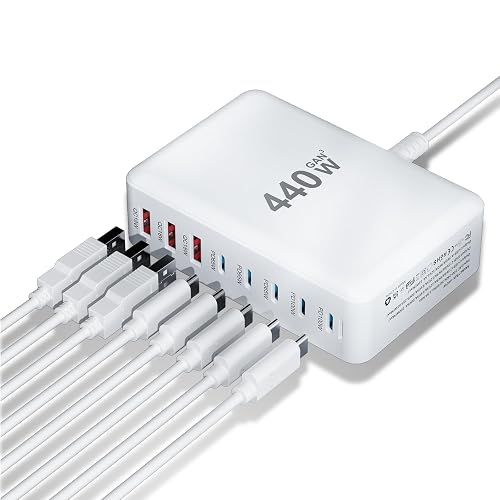 USB C Charger 440W USB C Charger Block,Upgraded GaN IV 8-Port Charging Station Hub,Travel Essentials 100W Fast Charging Laptop Adapter for MacBook