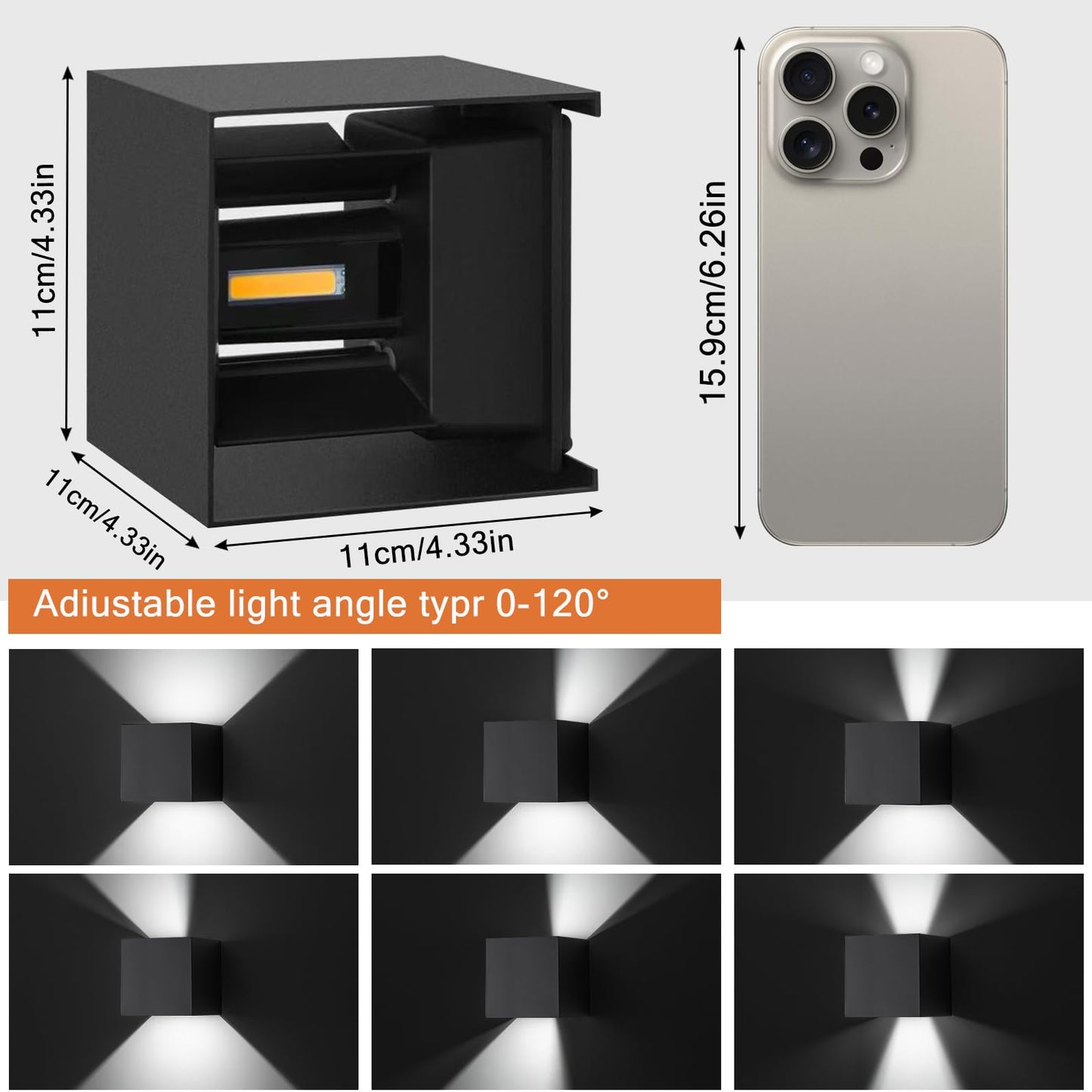 4 Pack LED Outdoor Wall Sconces Exterior/Interior,Modern Black Square Aluminum Wall Light Fixture Set,Variable Beam IP65 Waterproof Lights.15W