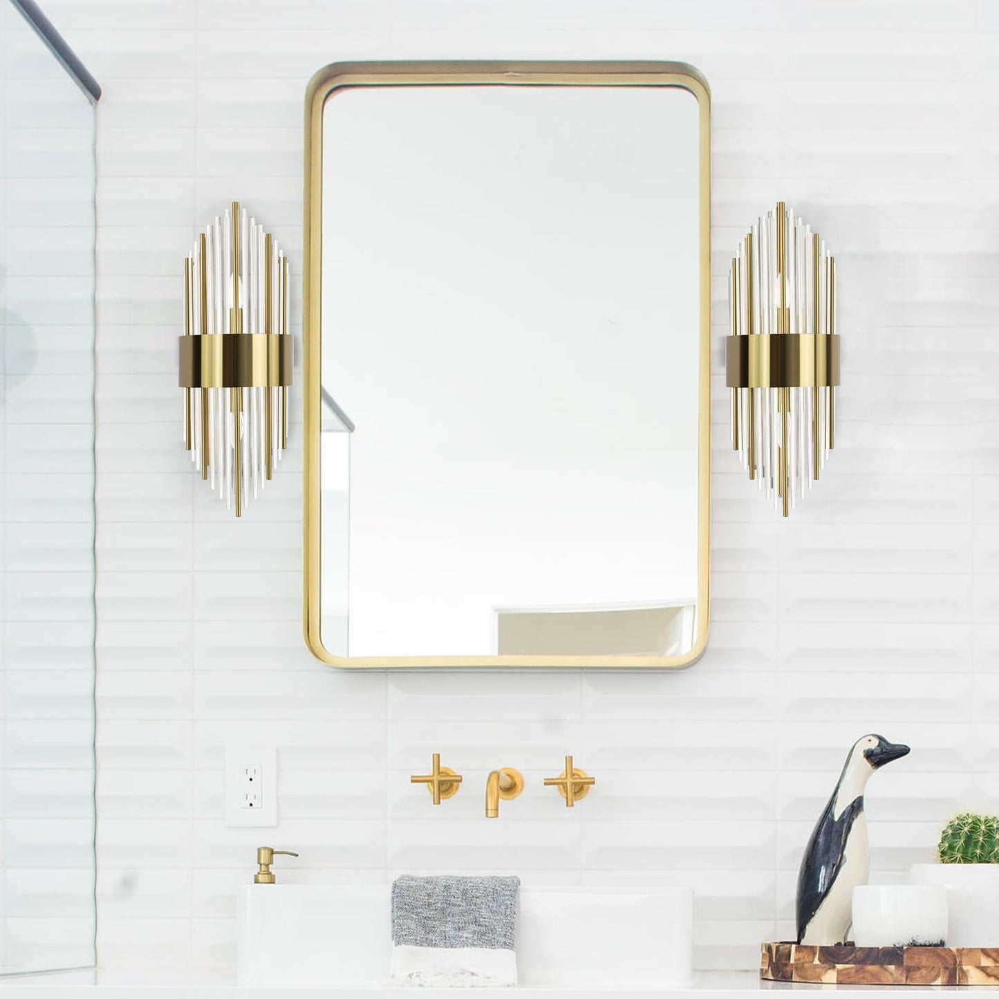 TEENYO Modern Gold Wall Sconces Set of Two Crystal Sconces Wall Lighting 2-Light Brass Glass Wall Light Fixtures for Bedroom Living Room Bathroom