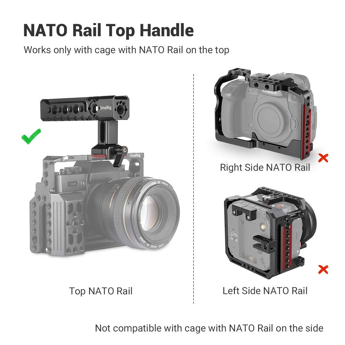 SmallRig NATO Top Handle Quick Release Handgrip, Built-in Cold Shoe Mount, 1/4''-20 and 3/8''-16 Thread Holes, Locating Holes for ARRI Standard